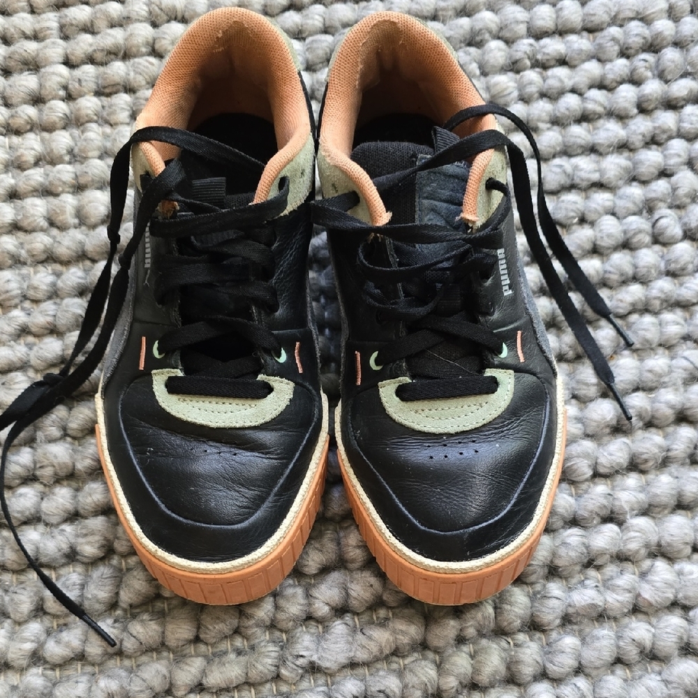 Puma Black Leather & Suede Sneakers | Ivory, Orange, Mint, & Grey Accents | 8.5